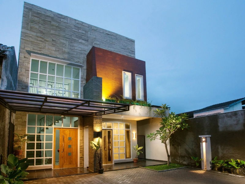exterior view of a house with landscape lighting